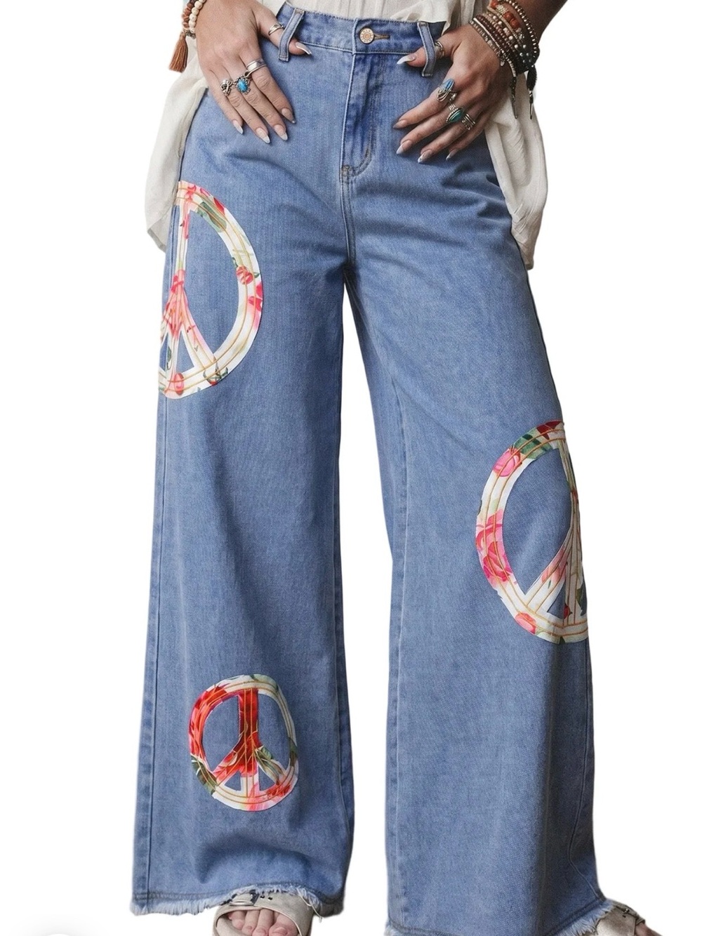POL Floral Peace Sign Wide-Leg Jeans - Light Blue with Pink Accents